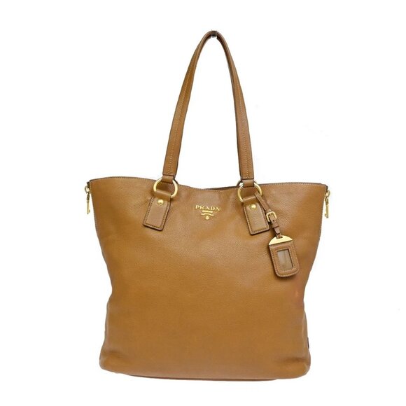 PRADA Logo Side Zip Shoulder Hand Tote Bag Leather Brown GHW - Picture 1 of 14